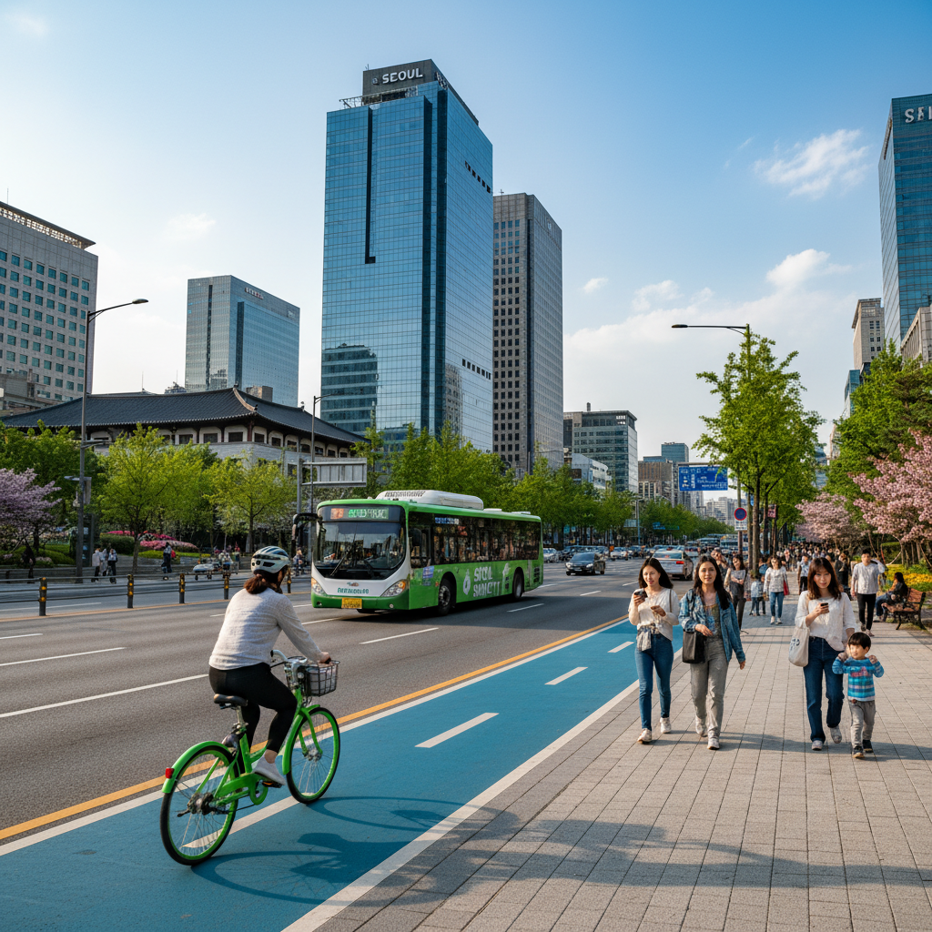 지구를 위한 발걸음, 친환경 교통수단 활용하기 - 서울 도심에서 공공자전거와 전기 버스를 이용하는 시민들의 모습.