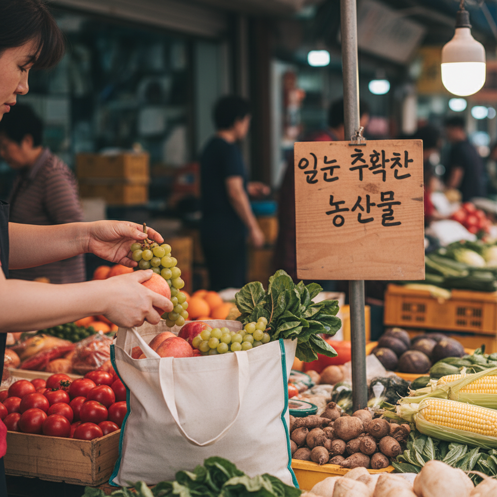 가치 있는 소비, 지속 가능한 미래를 선택하다 - 로컬푸드 마켓에서 한 소비자가 신선한 제철 농산물을 구매하는 모습.