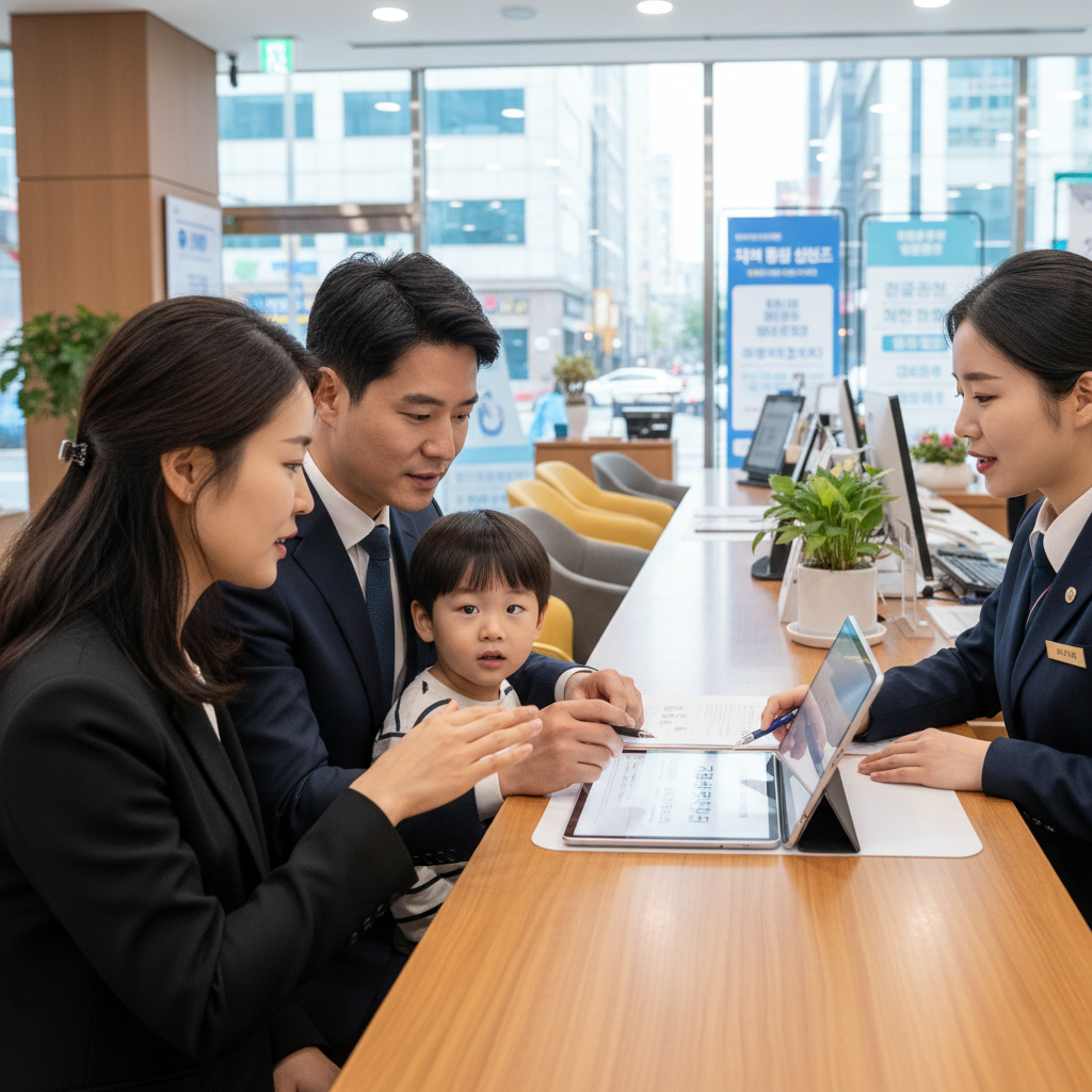 계좌 개설 유형 및 필요 서류 - 부모가 은행 창구에서 자녀의 계좌 개설 서류를 작성하는 장면