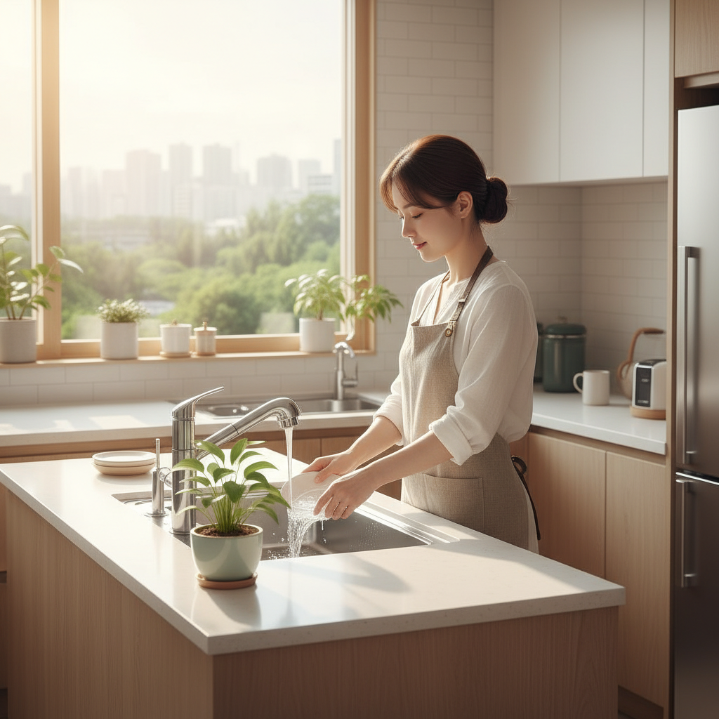 주방에서의 물 절약 습관 - 한국인 여성이 설거지통을 이용해 설거지하는 모습