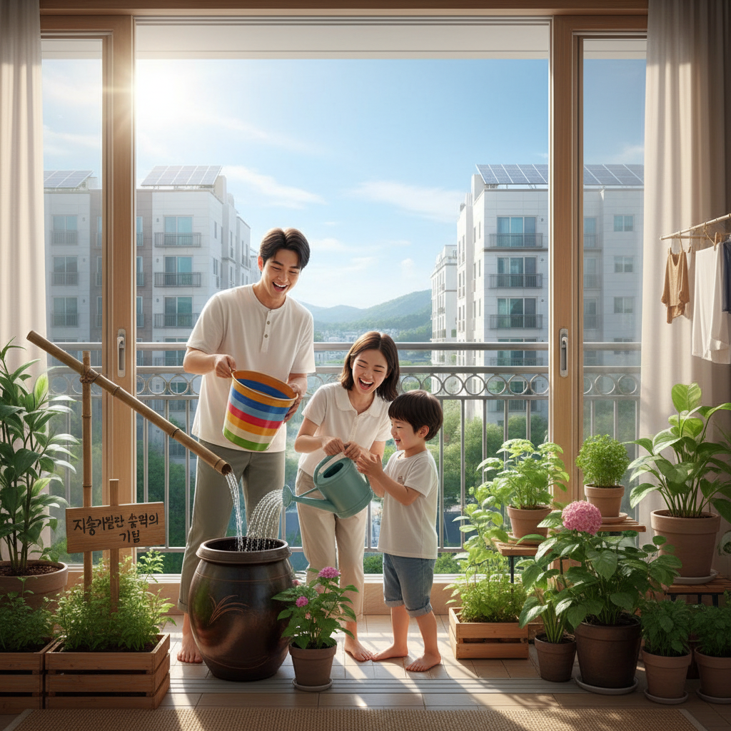 생활 속 기타 물 절약 아이디어 - 한국인 가족이 베란다에서 빗물을 활용하여 식물에 물을 주는 모습