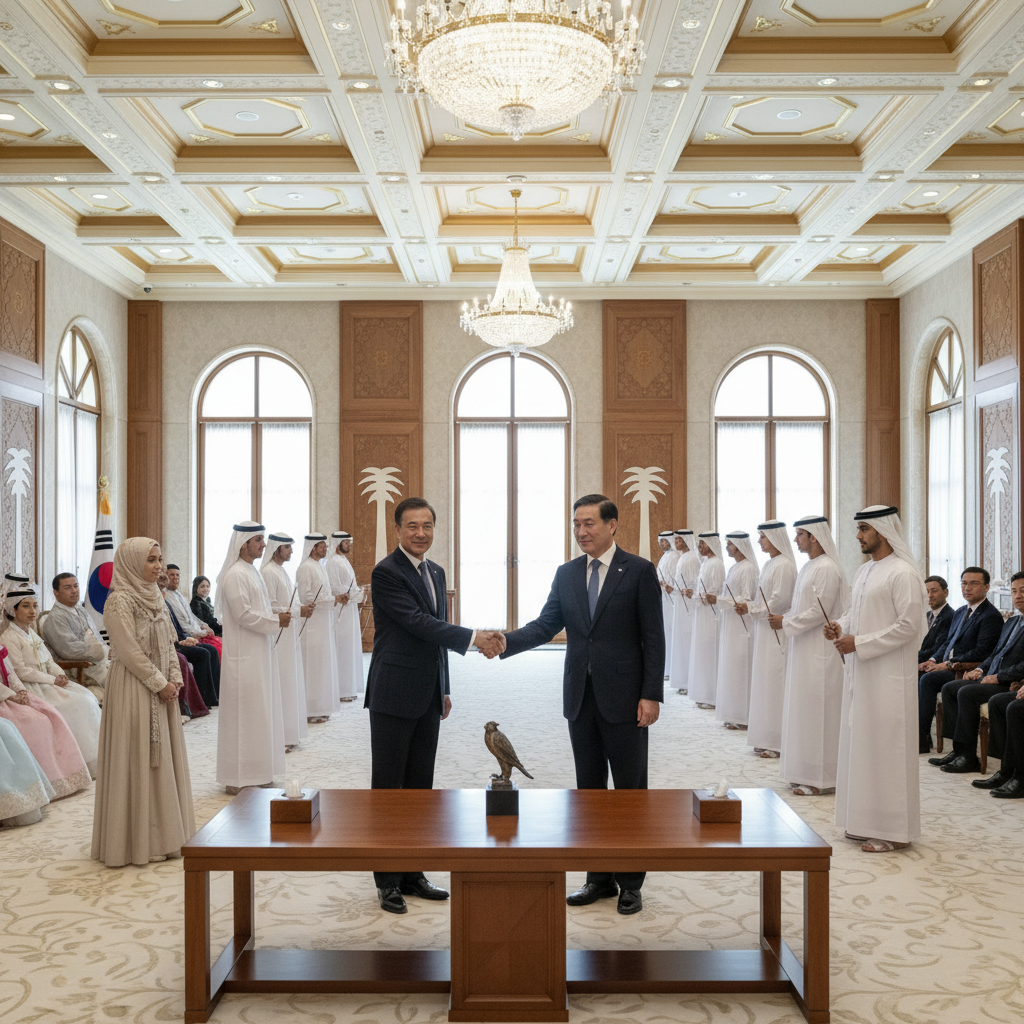 국가 행사 및 외교 무대의 중심 - 웅장한 홀에서 열리는 외교 행사 배경으로, 남녀 전통 의상 참가자들이 알 아얄라 춤을 추며 국빈 방문 중 문화 교류의 존경을 표현하는 모습. 한국과 UAE 국기가 함께 보인다.