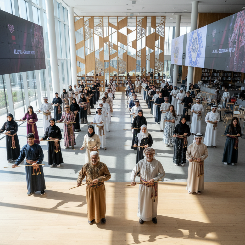전통의 계승과 현대적 재해석 - 전통 의상과 현대적인 복장을 혼합한 젊은 에미리트 남녀들이 현대 문화 센터에서 연장자들로부터 알 아얄라 춤 동작을 배우는 모습. 세대 간 지식 전달과 역동적인 사회에서의 문화 보존을 강조한다.