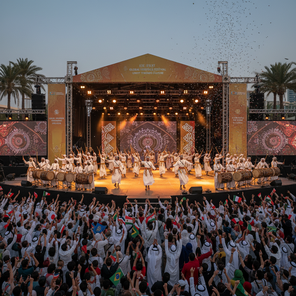 문화 외교의 상징, 그리고 미래 - 국제 문화 축제의 웅장한 무대에서 알 아얄라 춤이 공연되고 있으며, 다양한 국적의 관객들이 열정적으로 관람하는 모습. 화려한 전통 의상을 입은 무용수들이 역동적으로 움직이며 에미리트 문화의 아름다움을 전 세계에 선보인다.