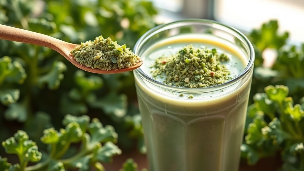 컬리케일 분말, 1일 권장 섭취량은? (realistic 스타일)