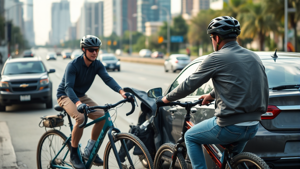 자전거 vs 자동차 사고 보상 (realistic 스타일)