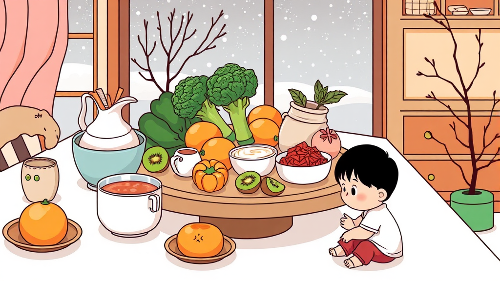 겨울철 면역력 강화 방법 (illustration 스타일)