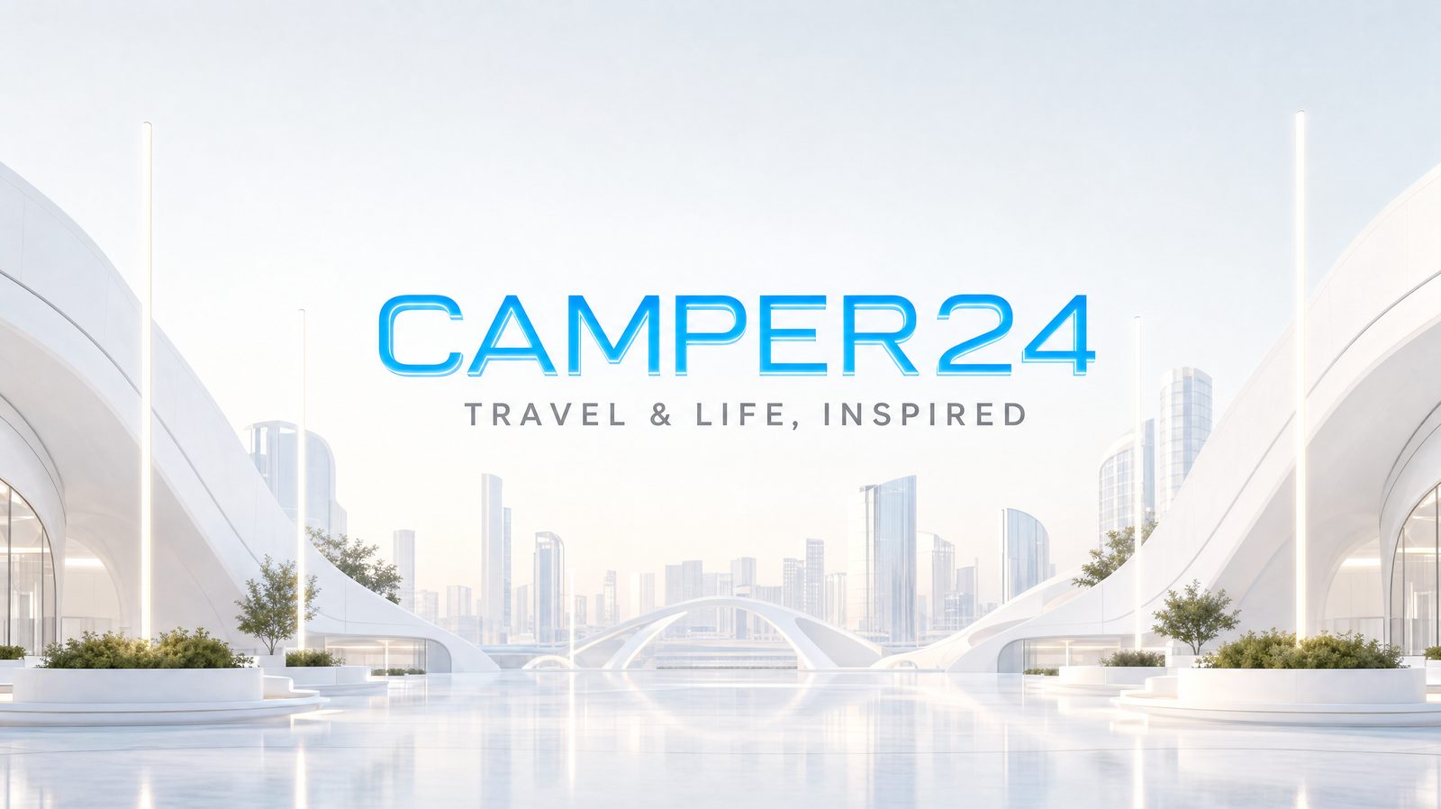 흰색 미래 도시 광장 중앙에 떠 있는 하늘색 CAMPER24 워드마크와 TRAVEL & LIFE, INSPIRED 태그라인